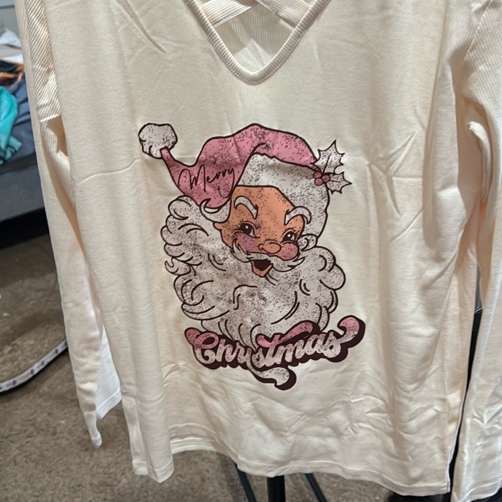 Brand new women’s size L long sleeve Santa shirt pink white party ready